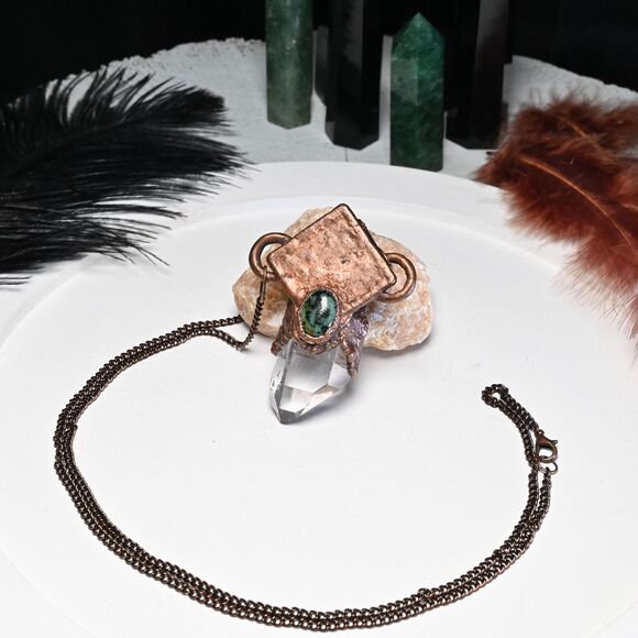 Copper Electroformed Diamond Green Jasper Quartz Crystal Necklace - Picture 3 of 3